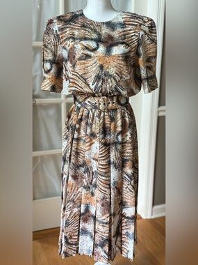 Vintage 1990 Italian Belted Pleated Midi Dress Abstract Print M